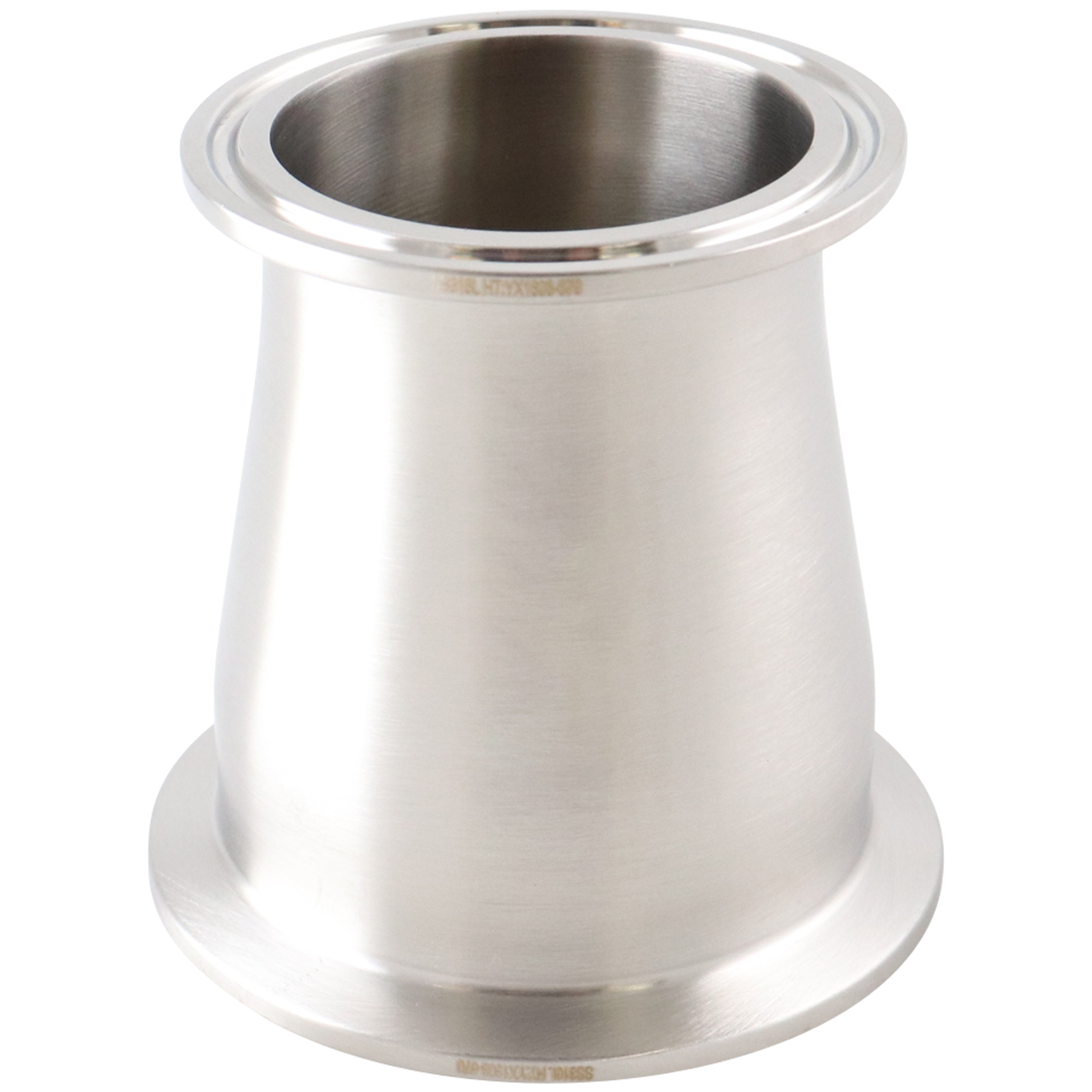 Concentric reducer with dimensions 2.5 inches x 2 inches, tri-clamp connection, made from 304 stainless steel, with a 3-inch overall length, 32RA internal and outer finish.