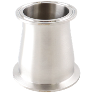 Concentric reducer with dimensions 2.5 inches x 2 inches, tri-clamp connection, made from 304 stainless steel, with a 3-inch overall length, 32RA internal and outer finish.