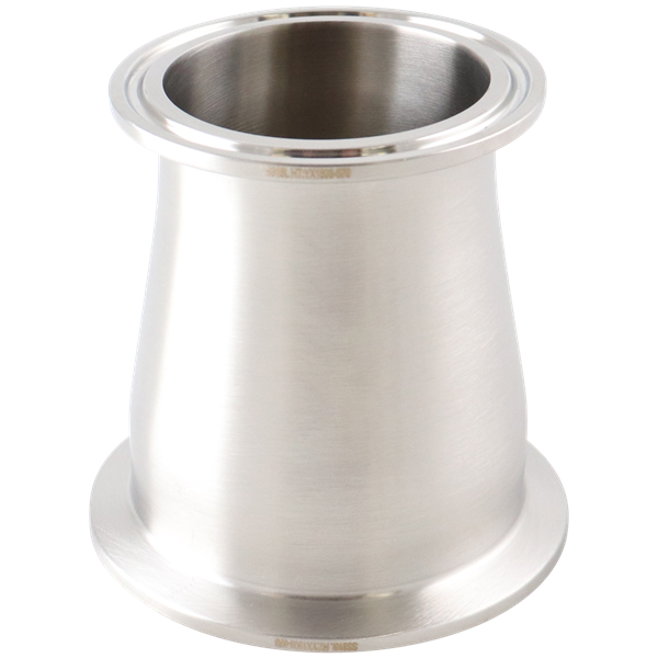 Concentric reducer with dimensions 2.5 inches x 2 inches, tri-clamp connection, made from 304 stainless steel, with a 3-inch overall length, 32RA internal and outer finish.