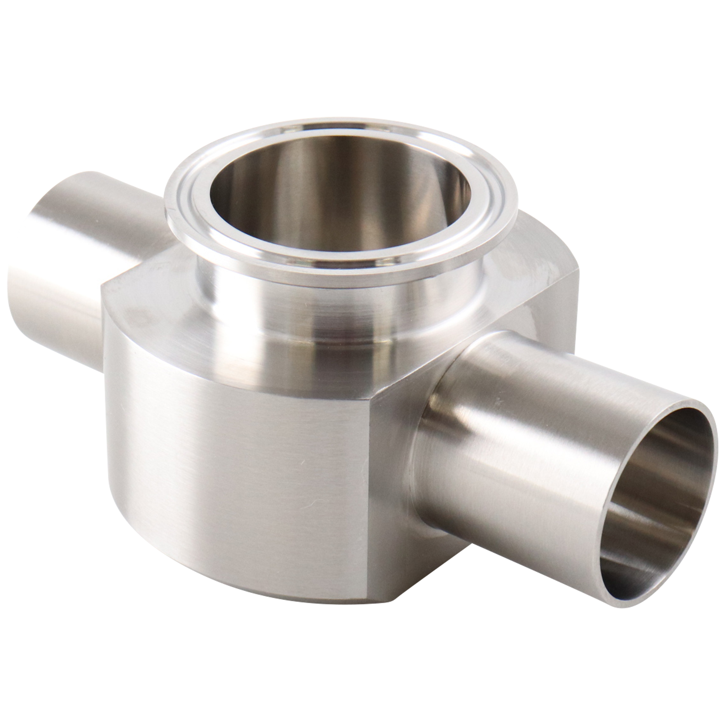 Instrument Tee, 1.5-inch x 2-inch, Butt Weld to Tri-Clamp connection, made of 316L stainless steel, 20RA internal surface finish, 32RA external finish, SF1 BPE compliant.