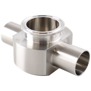 Instrument Tee, 1.5-inch x 2-inch, Butt Weld to Tri-Clamp connection, made of 316L stainless steel, 20RA internal surface finish, 32RA external finish, SF1 BPE compliant.