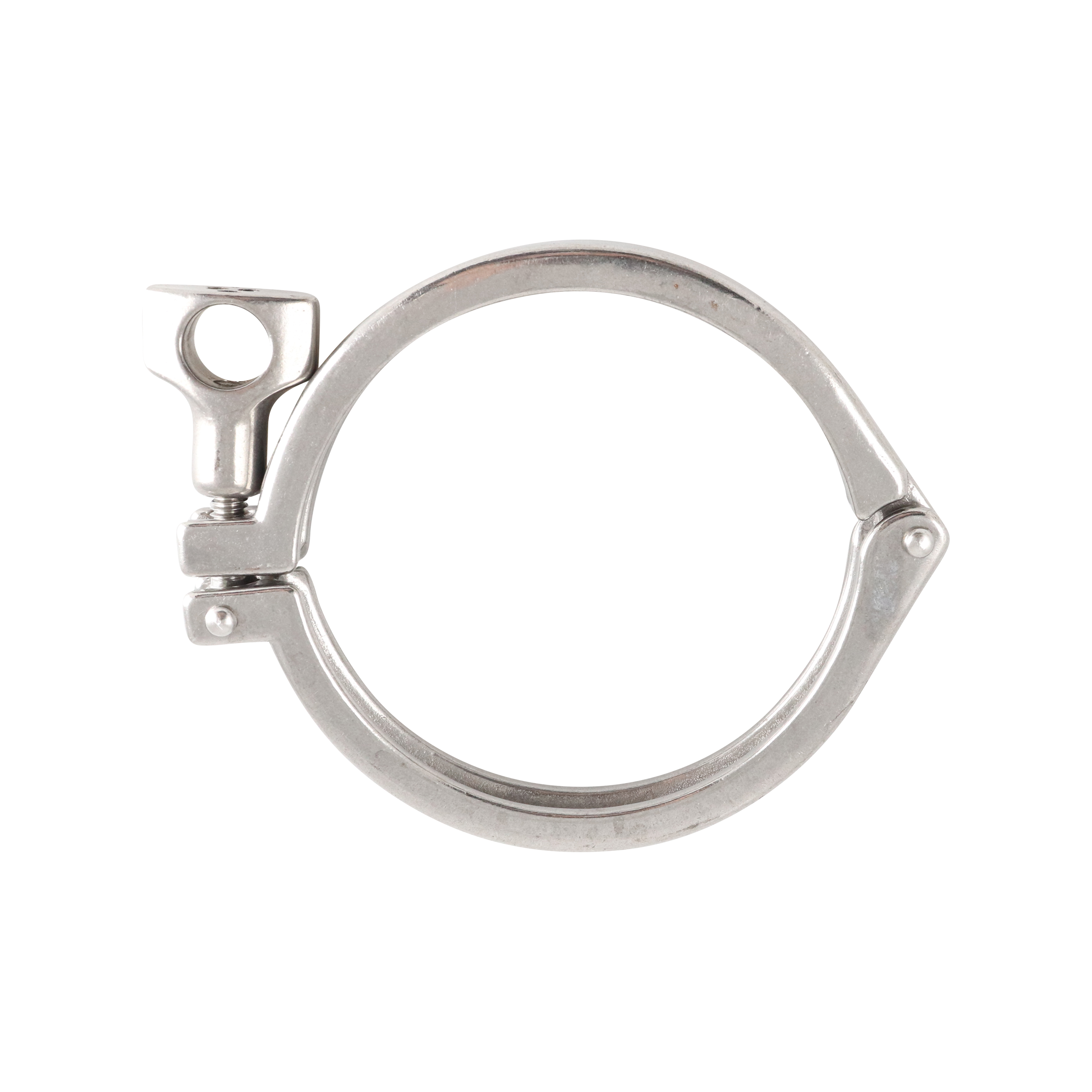 Robust two-piece heavy-duty clamp, 4-inch Tri-Clamp, DN100 DIN 32676 standard, single pin, made from durable 304 stainless steel.
