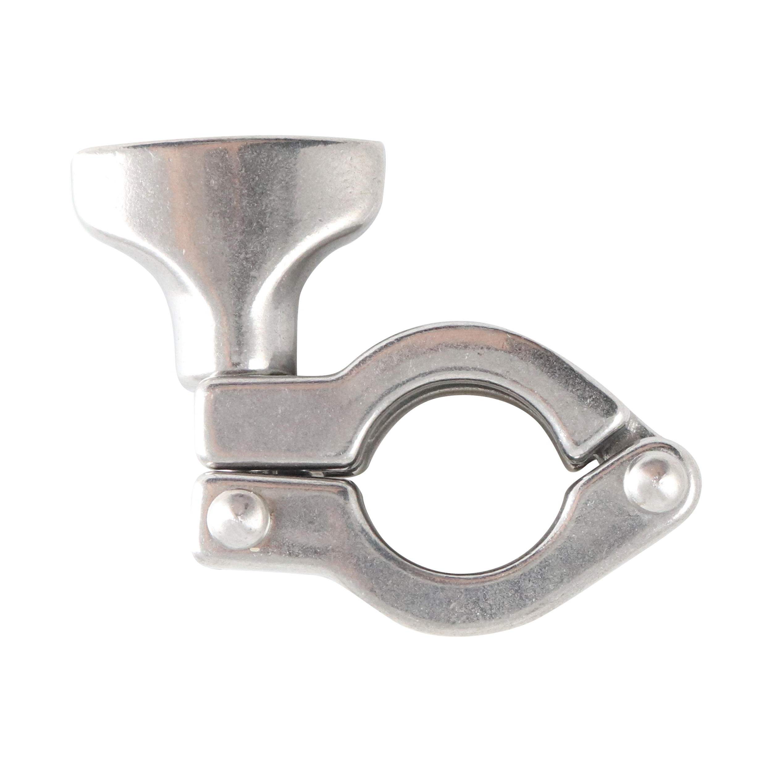 Stainless steel two-piece clamp with single pin design, compatible with 0.25-inch to 0.75-inch Tri-Clamp connections, made from 304-grade material.