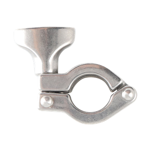 Stainless steel two-piece clamp with single pin design, compatible with 0.25-inch to 0.75-inch Tri-Clamp connections, made from 304-grade material.