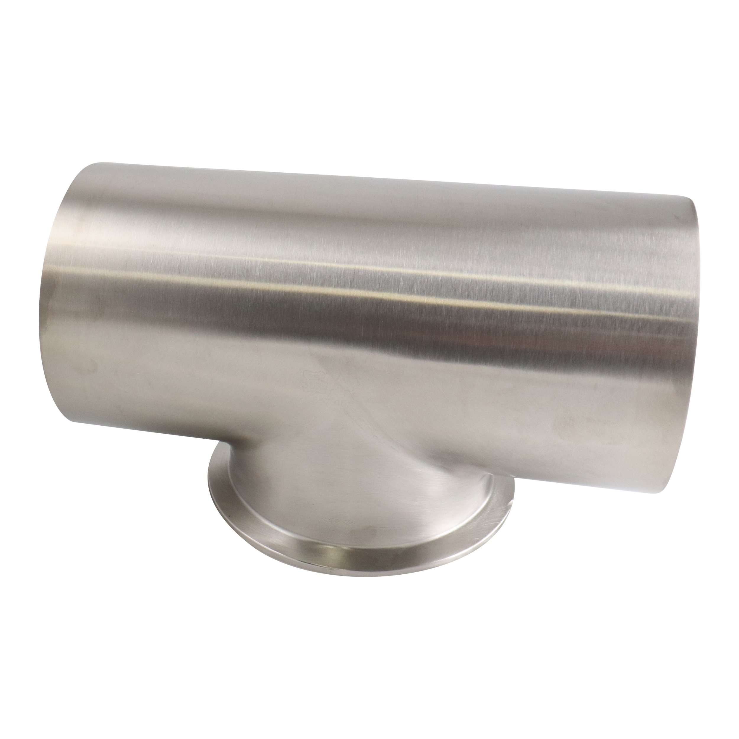 4-inch stainless steel butt-weld tee with a short tri-clamp branch, 316L material, featuring 20RA internal and 32RA external finish, SF1 BPE compliant.
