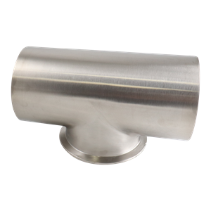 4-inch stainless steel butt-weld tee with a short tri-clamp branch, 316L material, featuring 20RA internal and 32RA external finish, SF1 BPE compliant.
