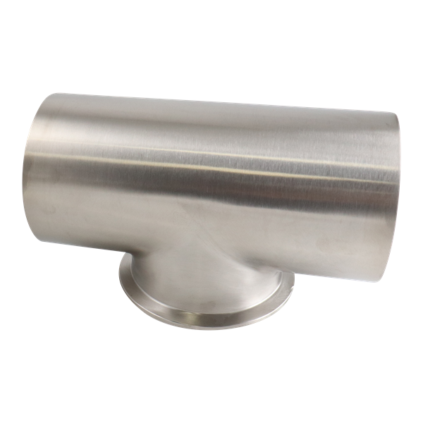 4-inch stainless steel butt-weld tee with a short tri-clamp branch, 316L material, featuring 20RA internal and 32RA external finish, SF1 BPE compliant.
