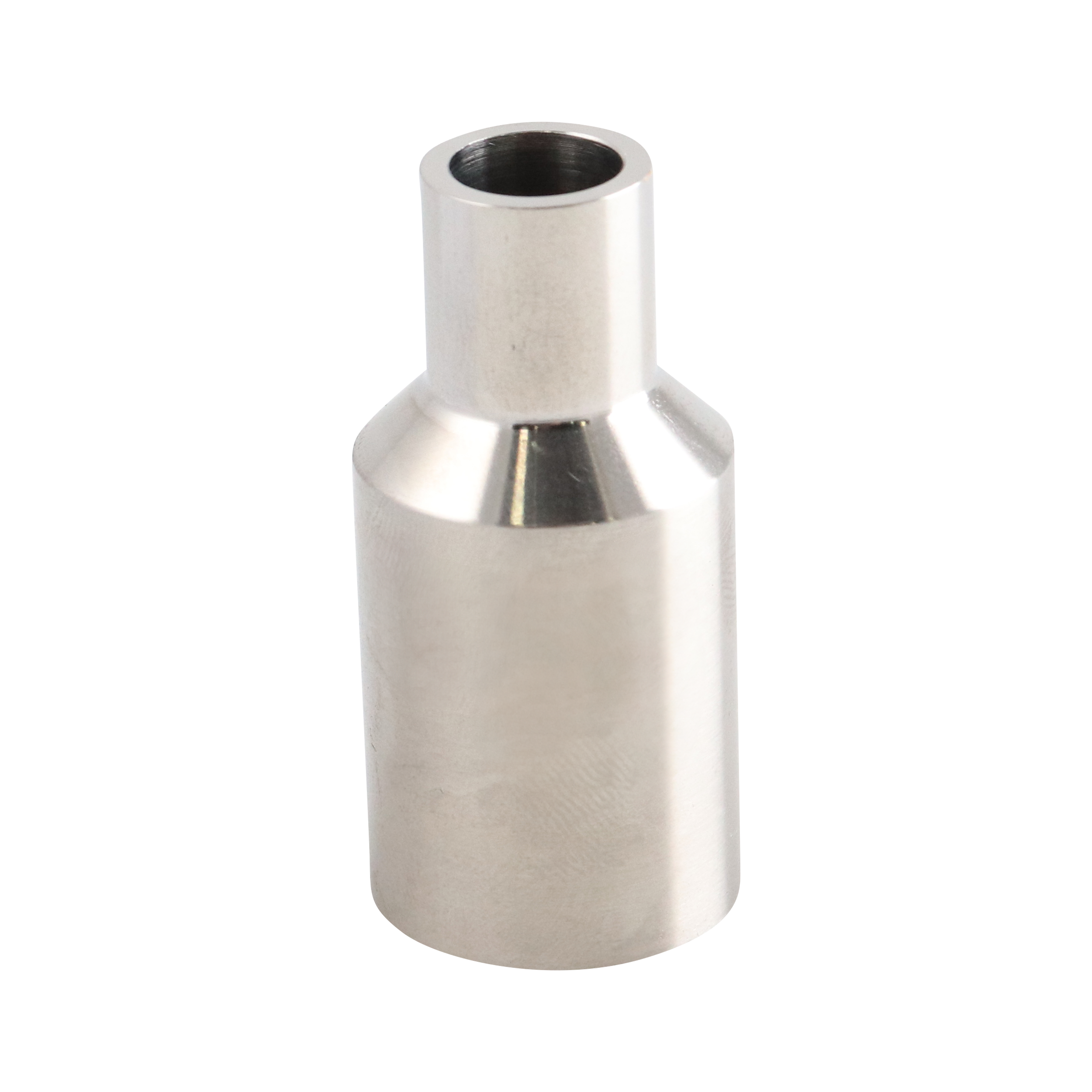 Adapter with a 0.5-inch schedule 10 pipe to 0.5-inch butt weld tube connection, made of 316L stainless steel, with a 1.75-inch overall length.