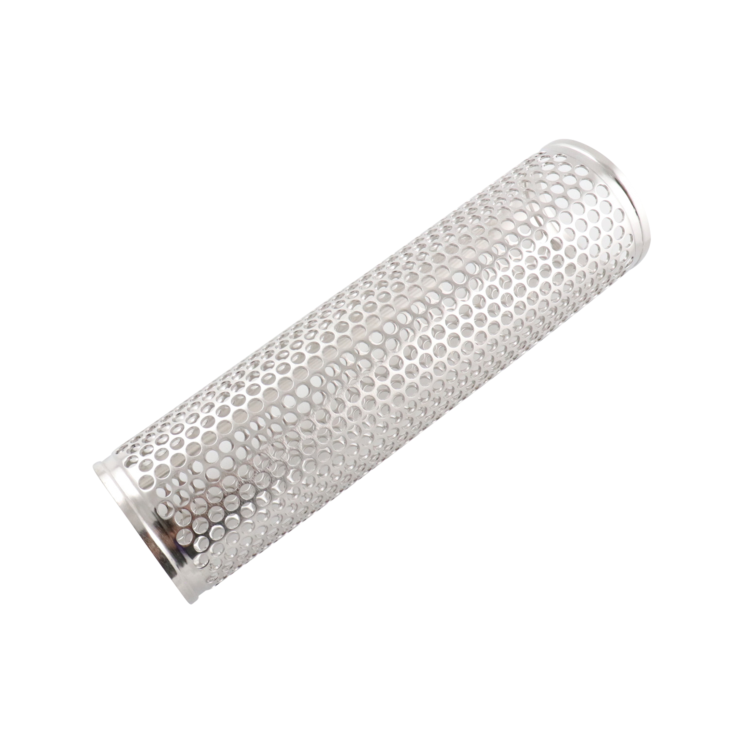 Backup tube filter with 0.250-inch holes, designed for short configurations compatible with 1-inch, 1.5-inch, and 2-inch sizes.